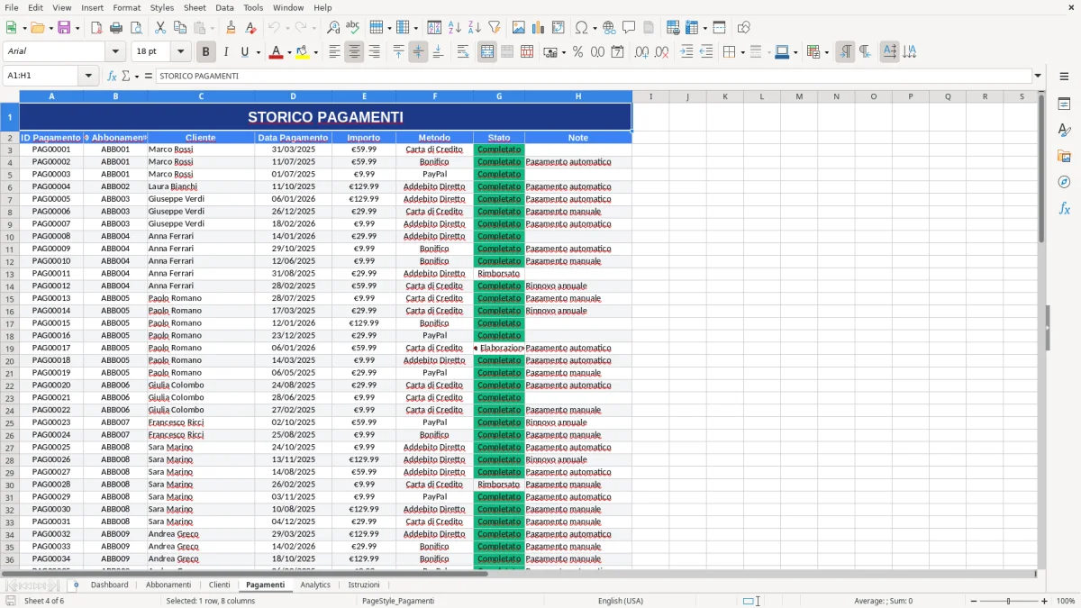 Figura 4: Foglio Pagamenti - Modello Excel gestione abbonamenti excel