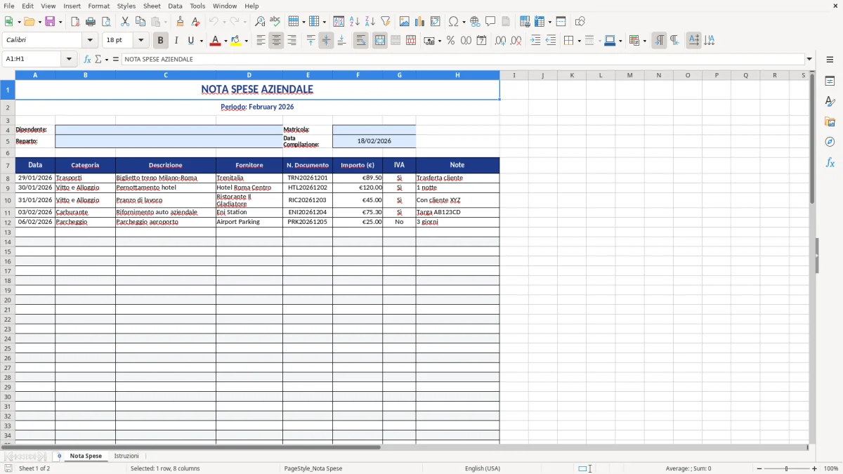 Figura 1: Foglio Nota Spese - Modello Excel modello nota spese excel