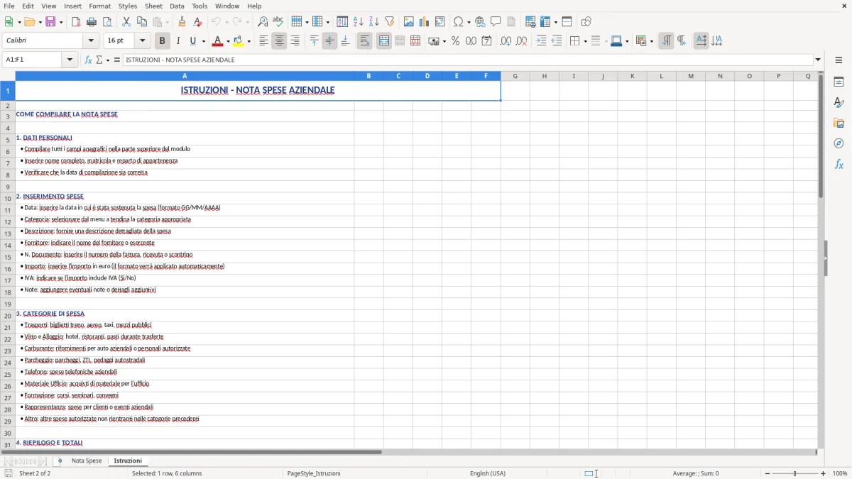 Figura 2: Foglio Istruzioni - Modello Excel modello nota spese excel