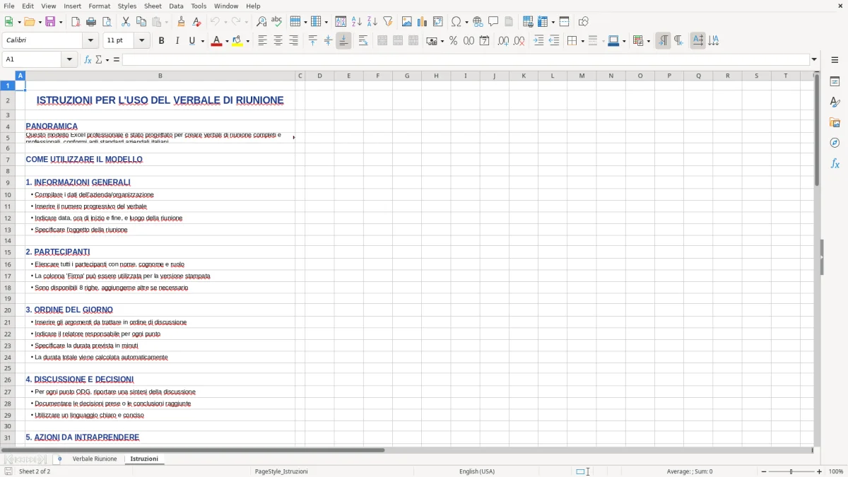 Figura 2: Foglio Istruzioni - Modello Excel modello verbale riunione excel