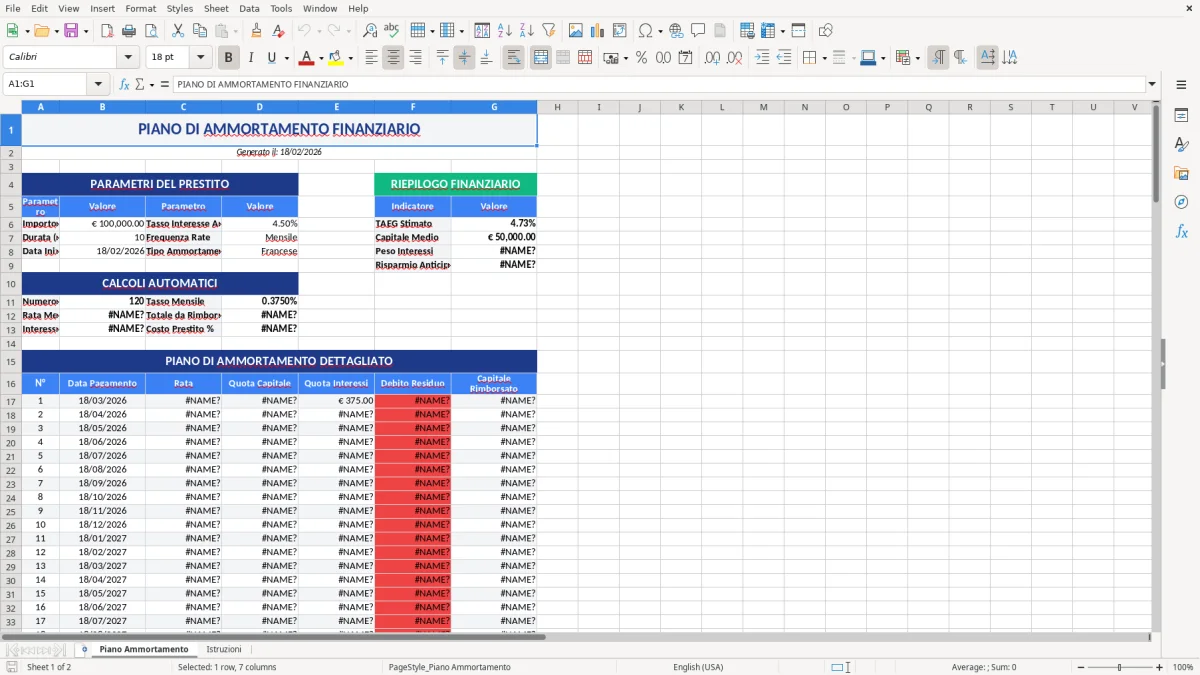 Figura 1: Foglio Piano Ammortamento - Modello Excel piano ammortamento excel