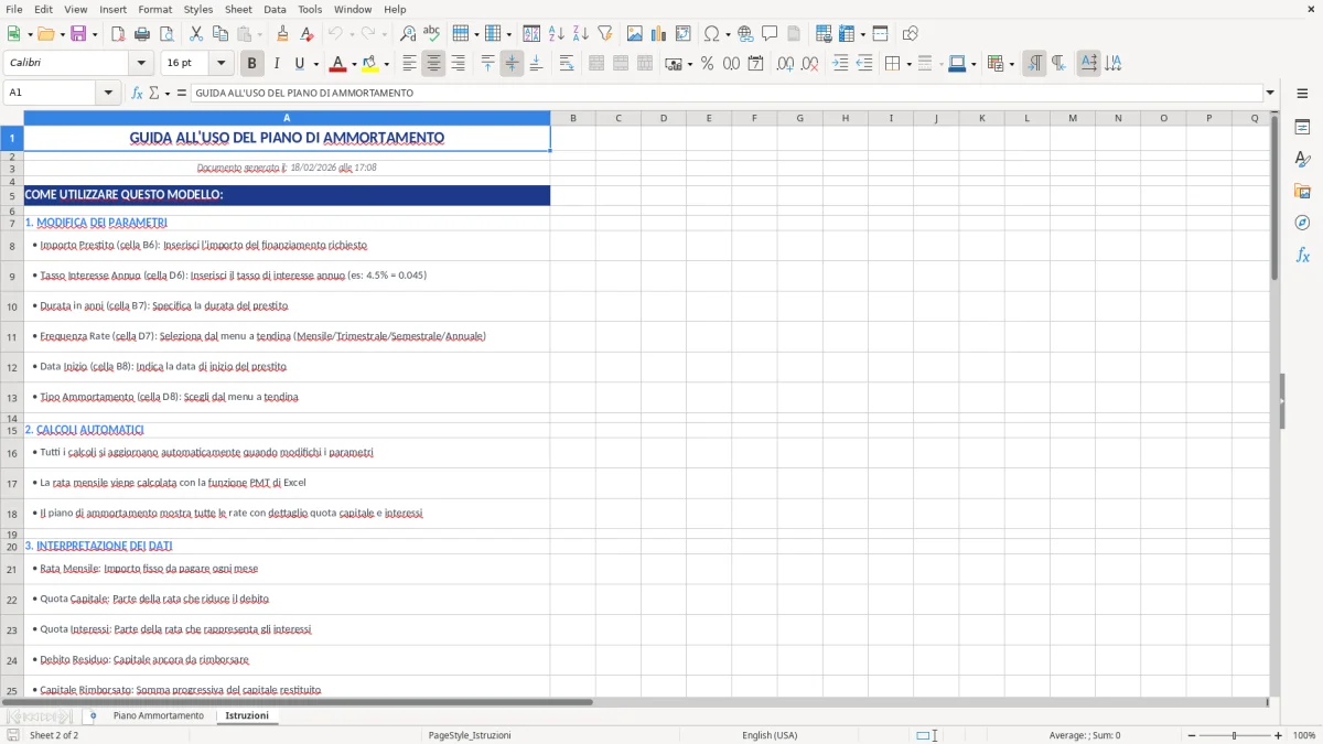 Figura 2: Foglio Istruzioni - Modello Excel piano ammortamento excel