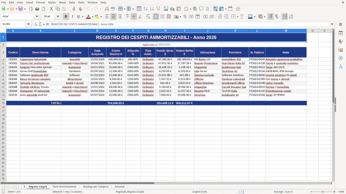Figura 1: Foglio Registro Cespiti - Modello Excel registro cespiti excel