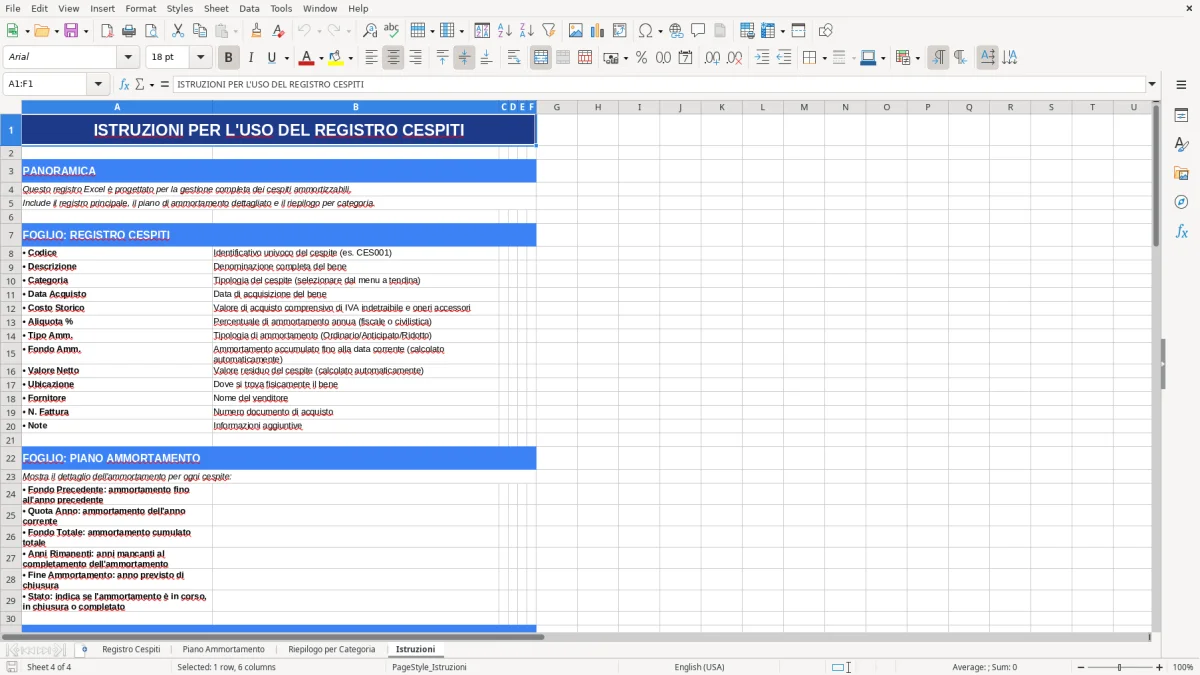 Figura 4: Foglio Istruzioni - Modello Excel registro cespiti excel