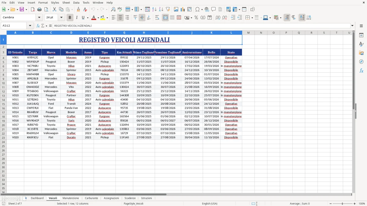 Figura 2: Foglio Veicoli - Modello Excel gestione flotta aziendale excel