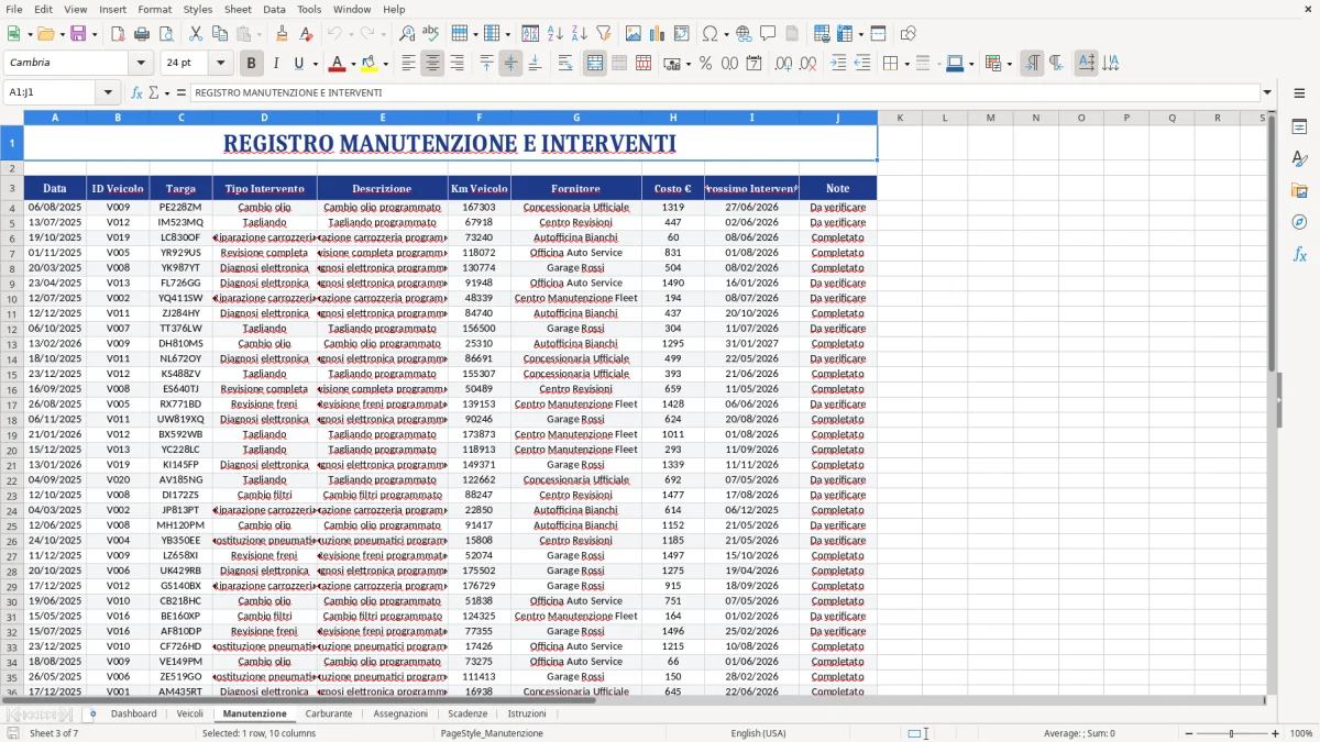 Figura 3: Foglio Manutenzione - Modello Excel gestione flotta aziendale excel