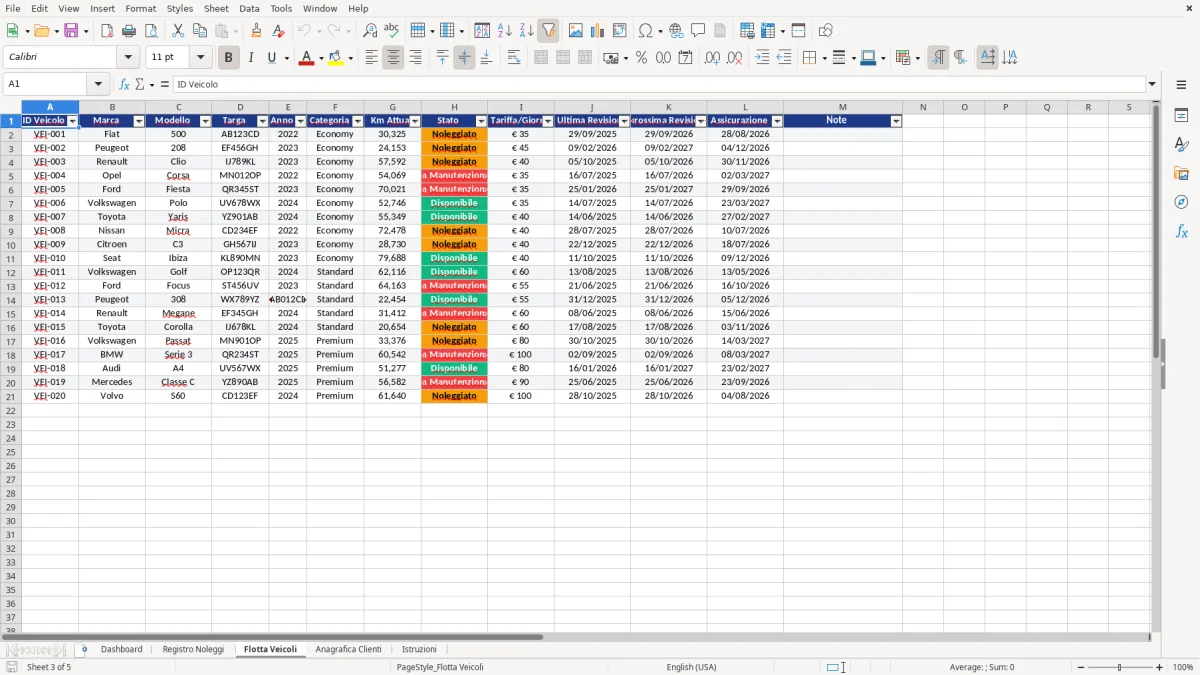 Figura 3: Foglio Flotta Veicoli - Modello Excel gestione noleggi excel