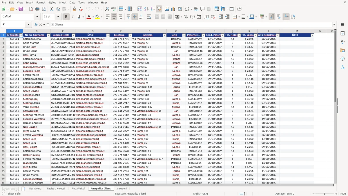 Figura 4: Foglio Anagrafica Clienti - Modello Excel gestione noleggi excel