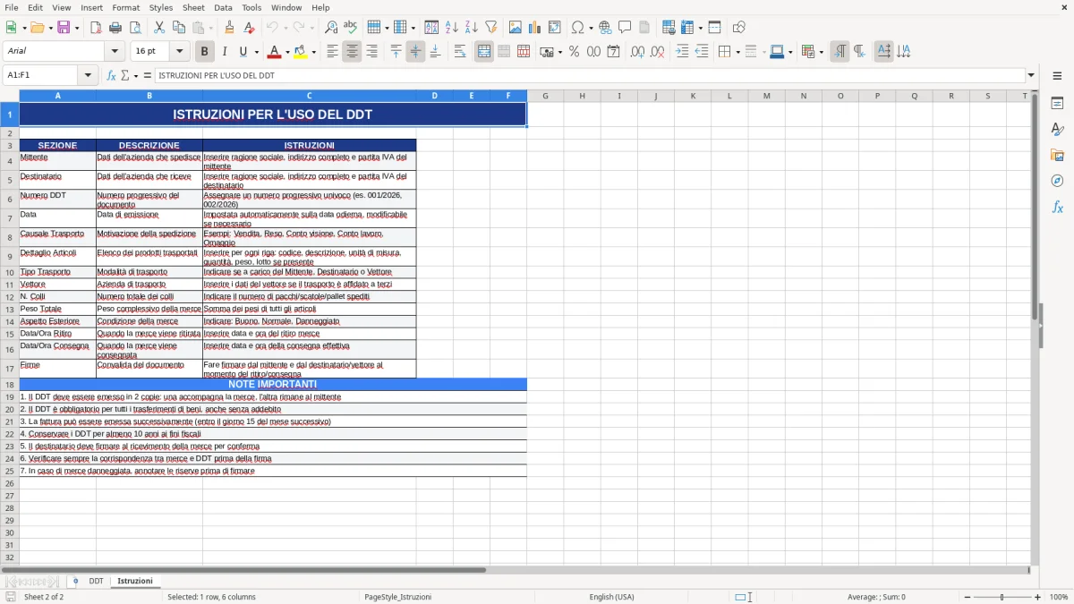 Figura 2: Foglio Istruzioni - Modello Excel modello DDT excel