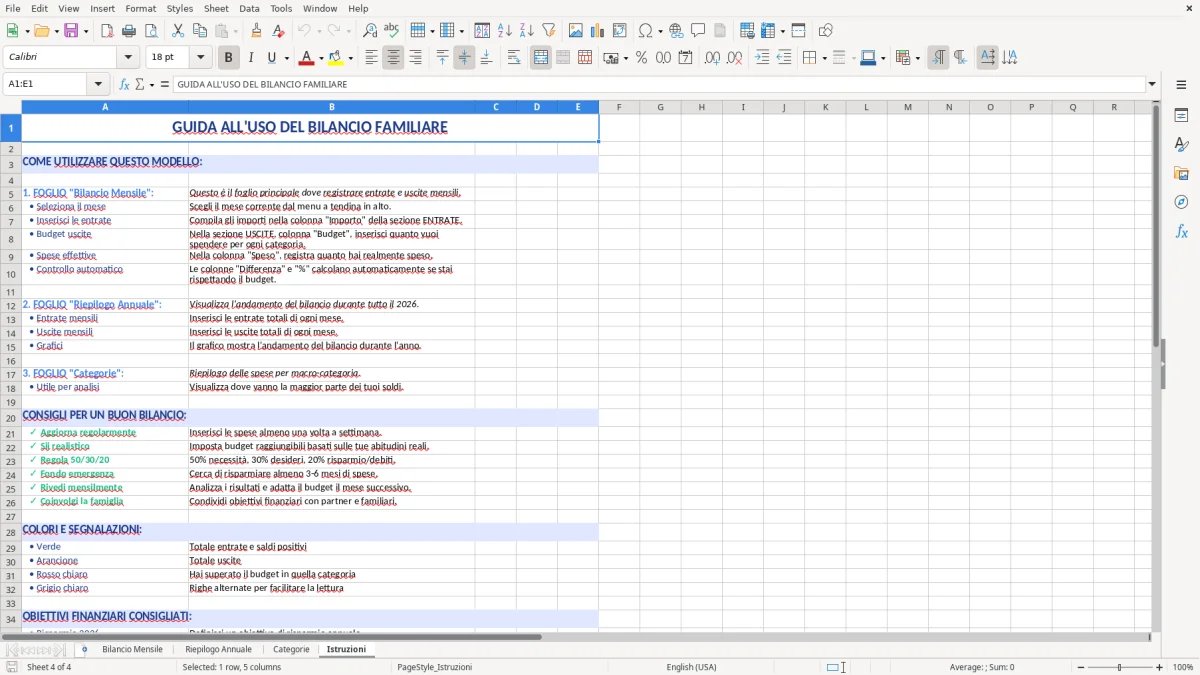 Figura 4: Foglio Istruzioni - Modello Excel modello bilancio familiare excel