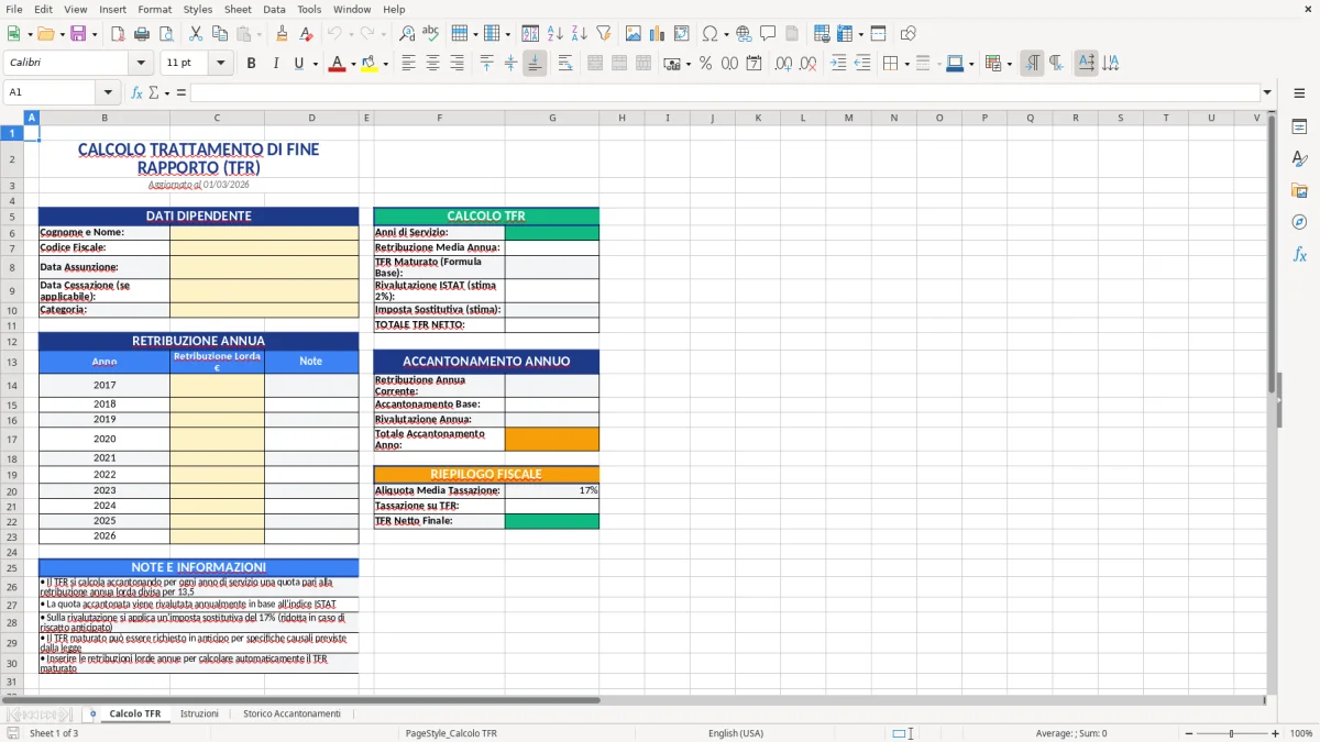 Figura 1: Foglio Calcolo TFR - Modello Excel modello calcolo TFR excel
