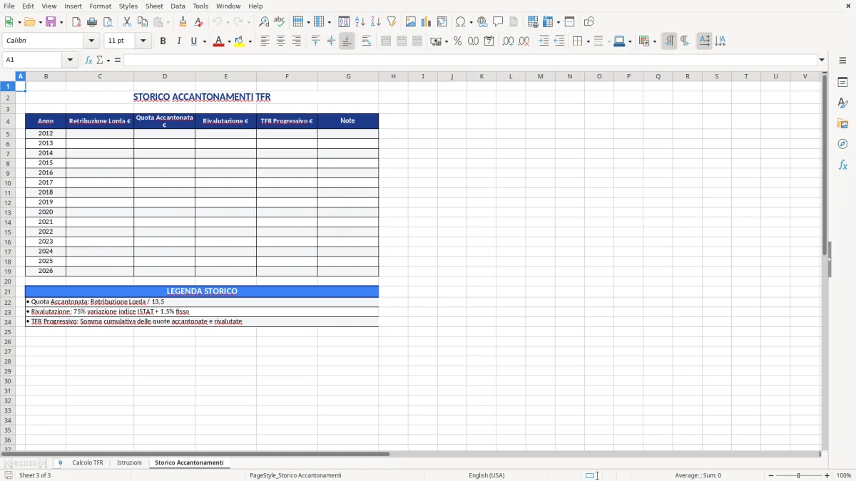 Figura 3: Foglio Storico Accantonamenti - Modello Excel modello calcolo TFR excel