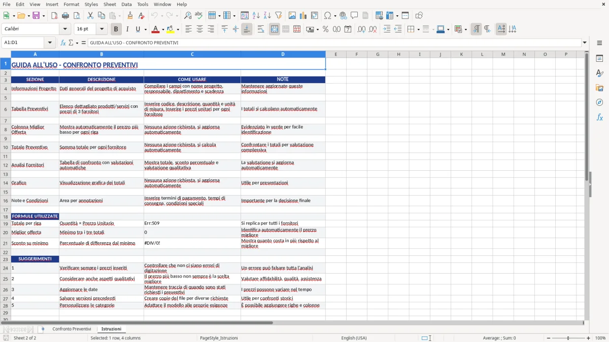 Figura 2: Foglio Istruzioni - Modello Excel modello confronto preventivi excel