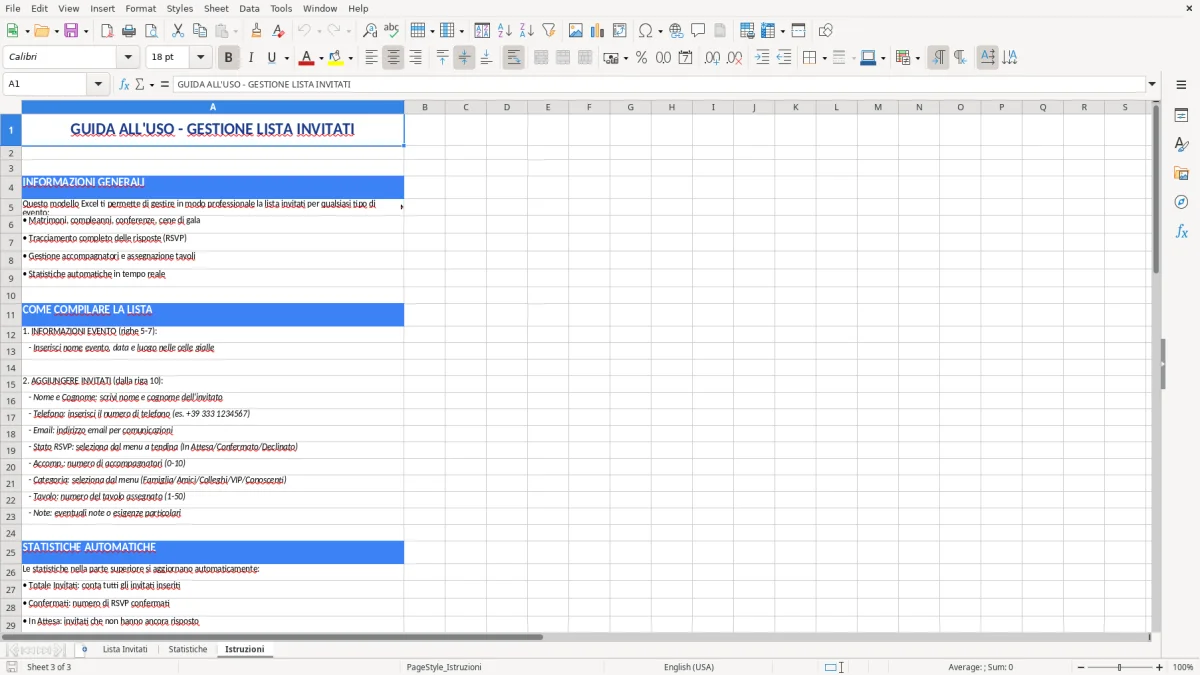 Figura 3: Foglio Istruzioni - Modello Excel modello lista invitati excel