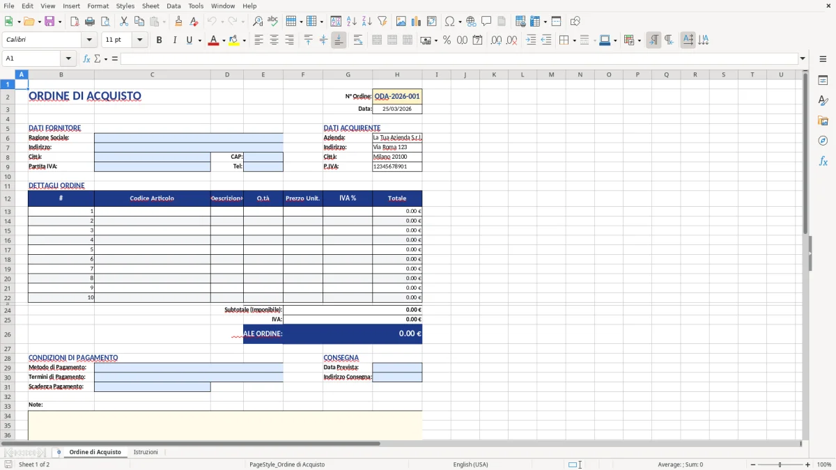 Figura 1: Foglio Ordine di Acquisto - Modello Excel modello ordine acquisto excel