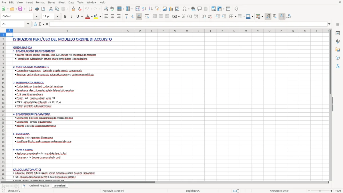 Figura 2: Foglio Istruzioni - Modello Excel modello ordine acquisto excel