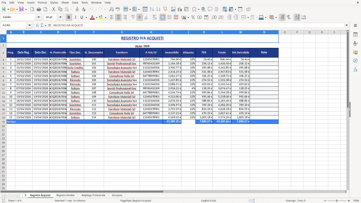 Figura 1: Foglio Registro Acquisti - Modello Excel modello registro IVA excel