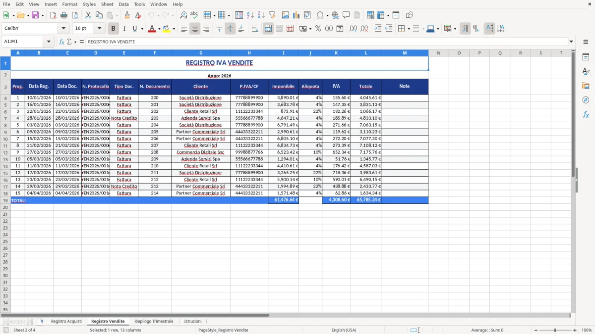 Figura 2: Foglio Registro Vendite - Modello Excel modello registro IVA excel