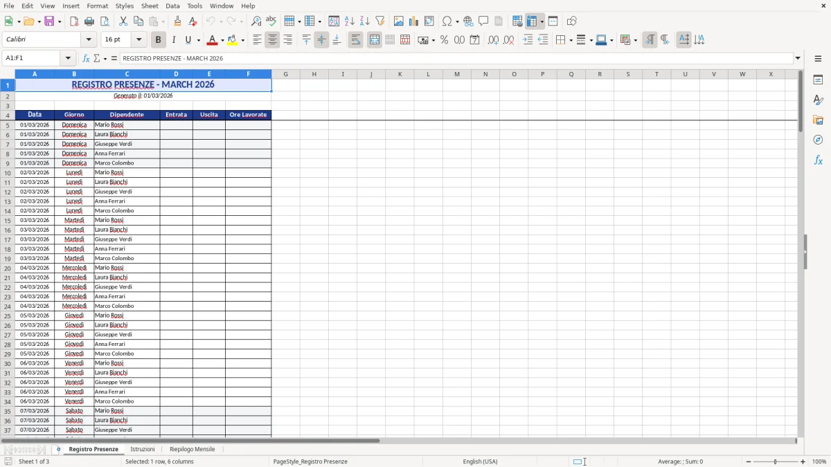 Figura 1: Foglio Registro Presenze - Modello Excel modello registro presenze excel