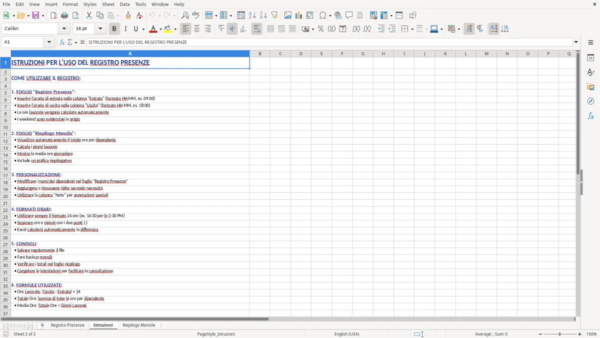 Figura 2: Foglio Istruzioni - Modello Excel modello registro presenze excel