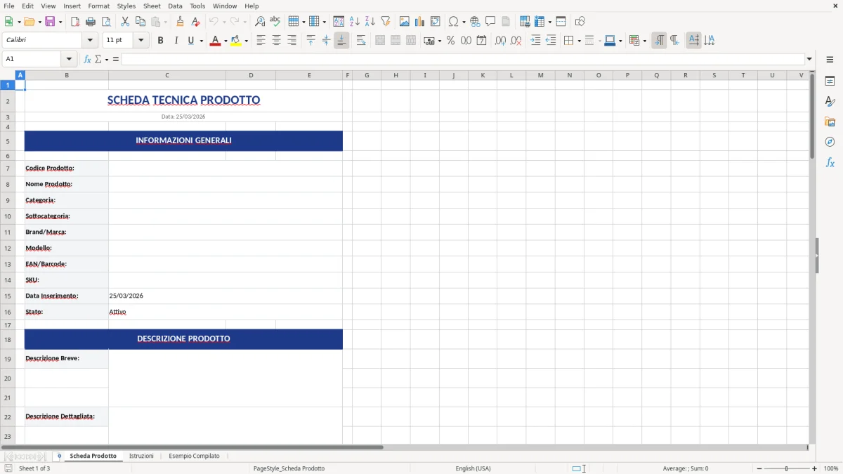 Figura 1: Foglio Scheda Prodotto - Modello Excel modello scheda prodotto excel