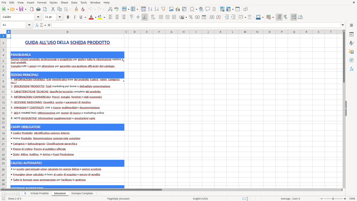 Figura 2: Foglio Istruzioni - Modello Excel modello scheda prodotto excel