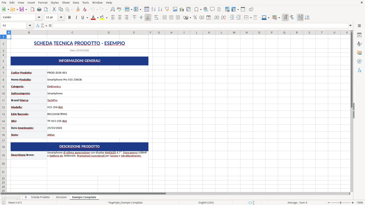 Figura 3: Foglio Esempio Compilato - Modello Excel modello scheda prodotto excel