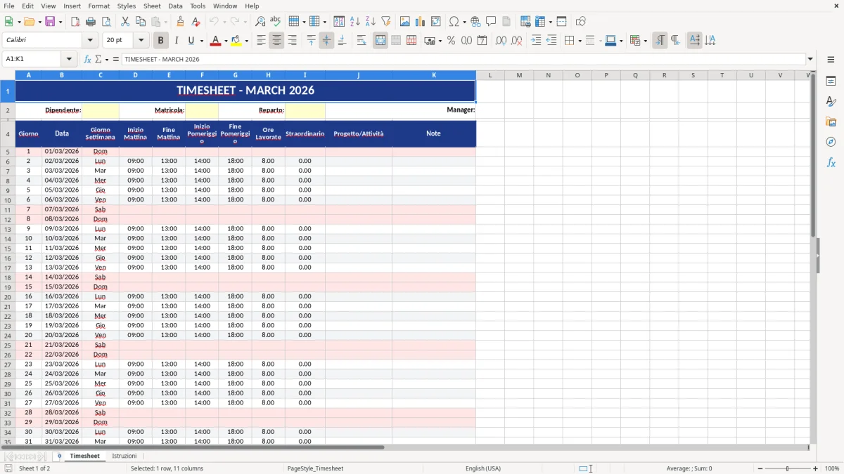 Figura 1: Foglio Timesheet - Modello Excel modello timesheet excel