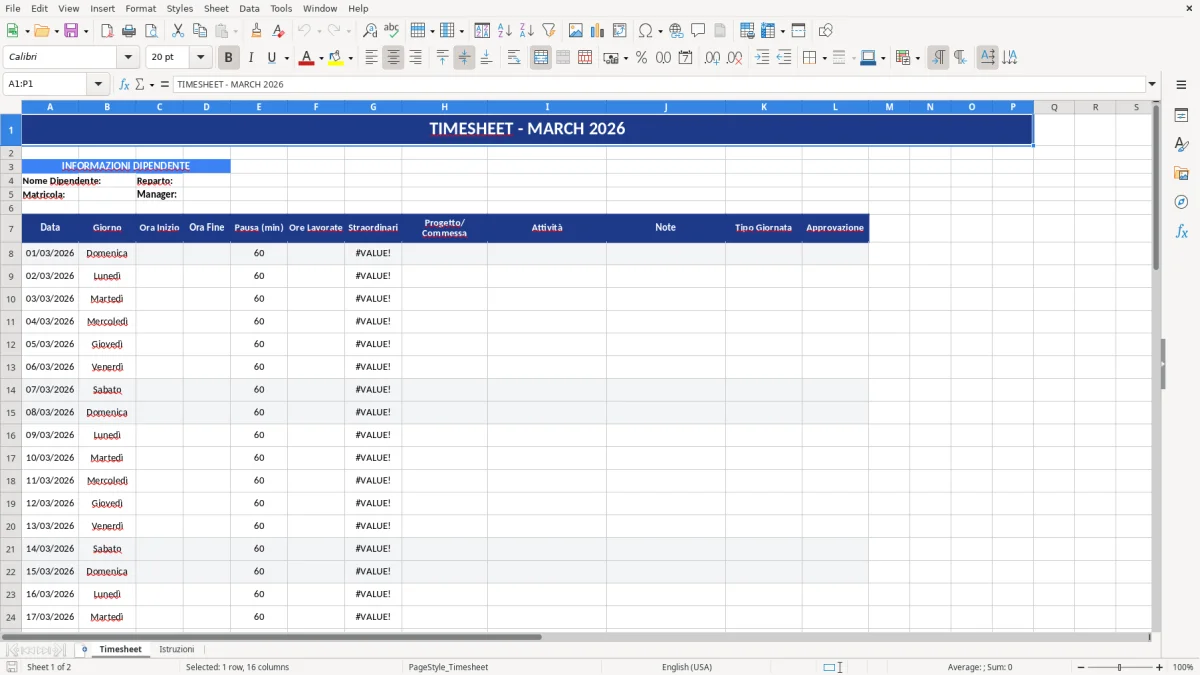 Figura 1: Foglio Timesheet - Modello Excel modello timesheet excel
