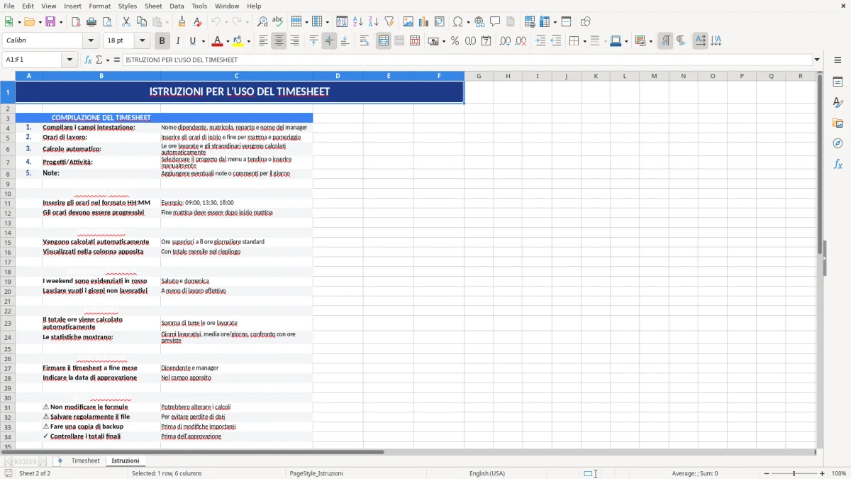 Figura 2: Foglio Istruzioni - Modello Excel modello timesheet excel