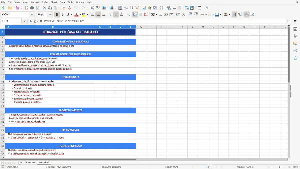 Figura 2: Foglio Istruzioni - Modello Excel modello timesheet excel