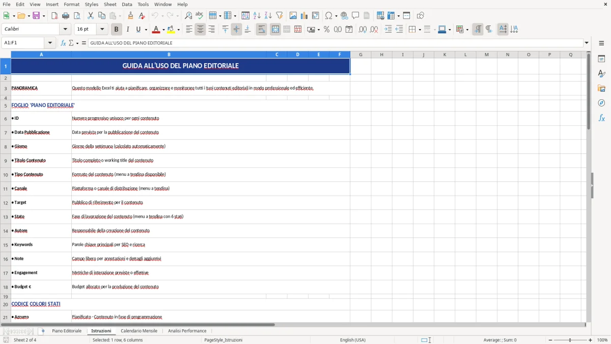Figura 2: Foglio Istruzioni - Modello Excel piano editoriale excel