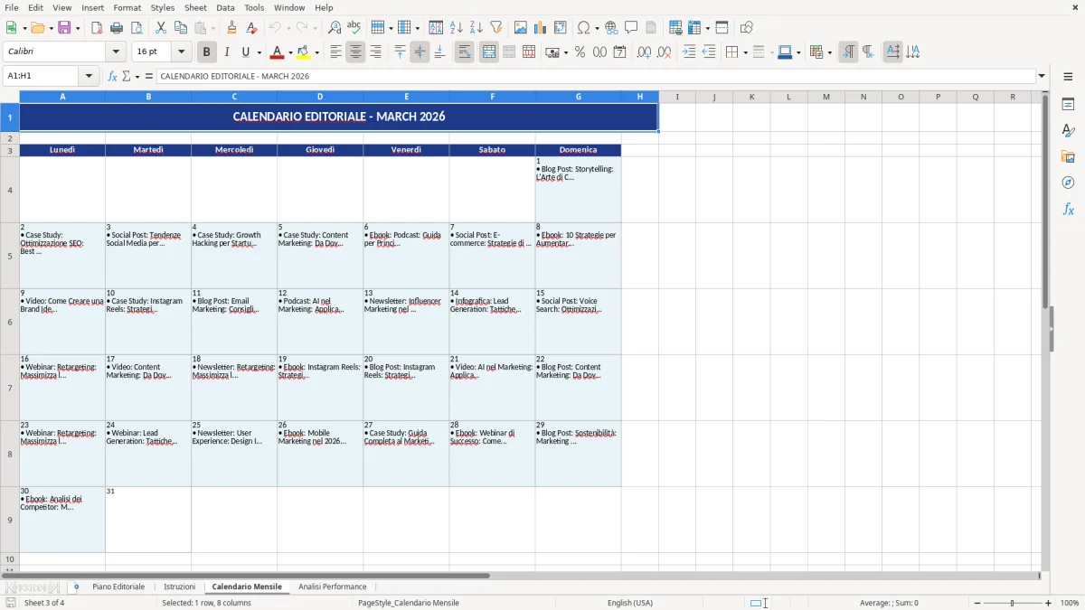 Figura 3: Foglio Calendario Mensile - Modello Excel piano editoriale excel