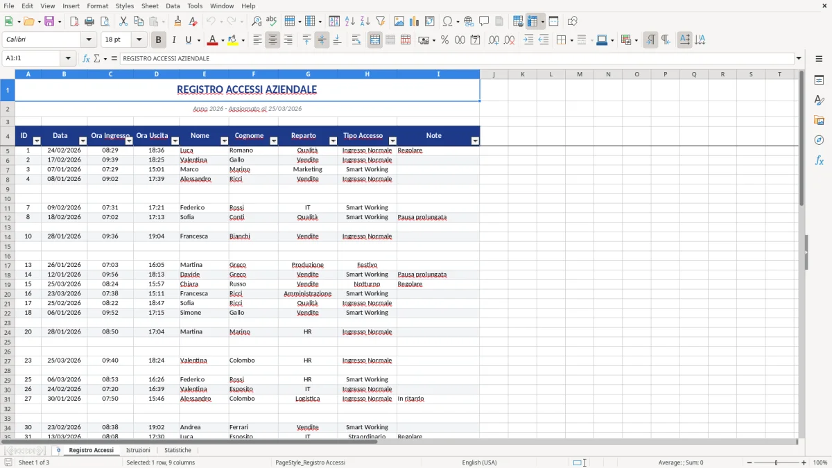 Figura 1: Foglio Registro Accessi - Modello Excel registro accessi excel