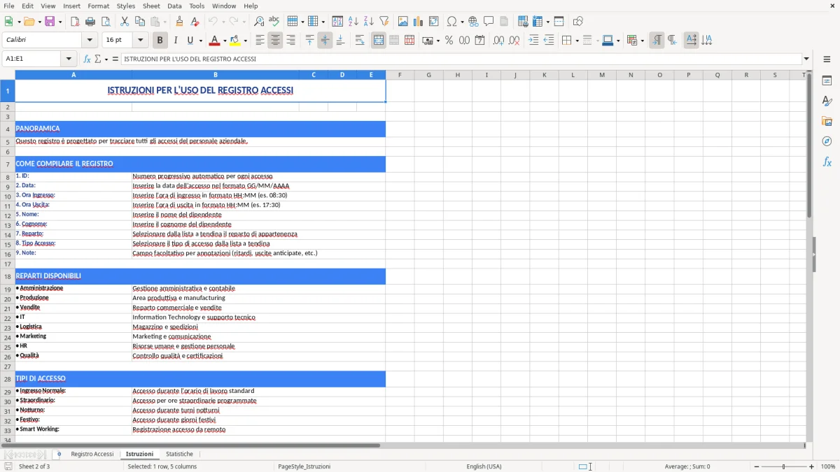 Figura 2: Foglio Istruzioni - Modello Excel registro accessi excel