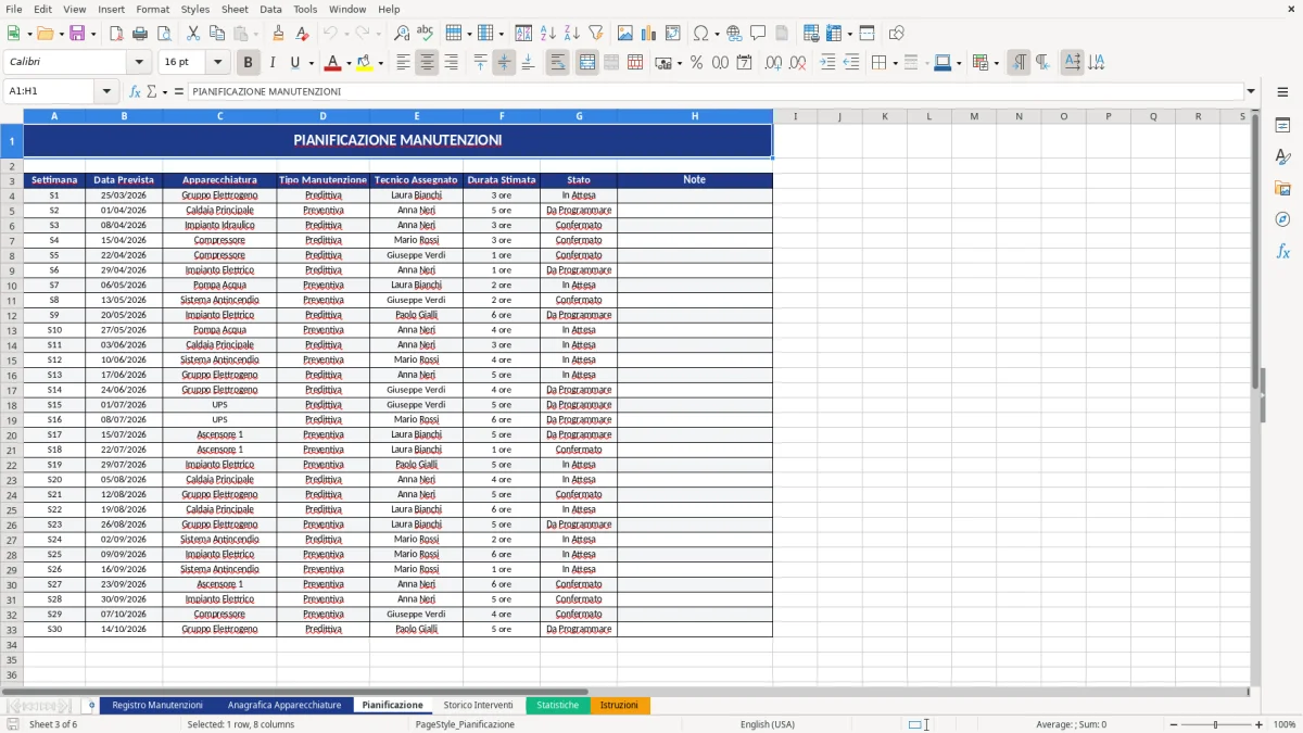 Figura 3: Foglio Pianificazione - Modello Excel registro manutenzioni excel