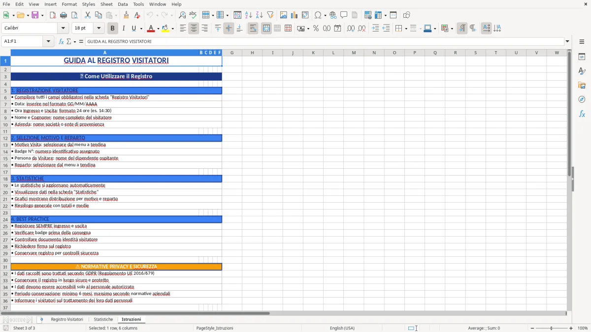 Figura 3: Foglio Istruzioni - Modello Excel registro visitatori excel