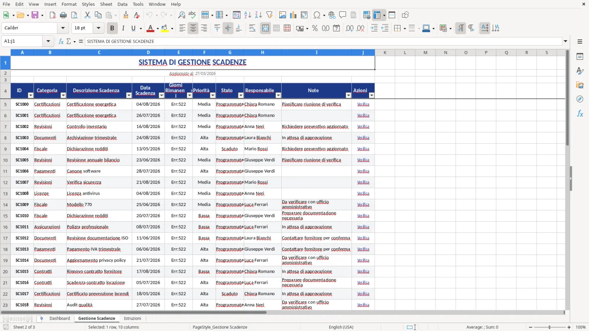 Figura 2: Foglio Gestione Scadenze - Modello Excel gestione scadenze excel