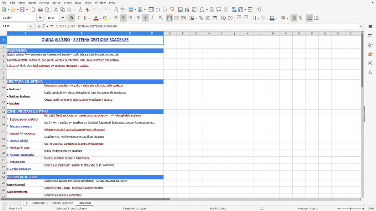 Figura 3: Foglio Istruzioni - Modello Excel gestione scadenze excel
