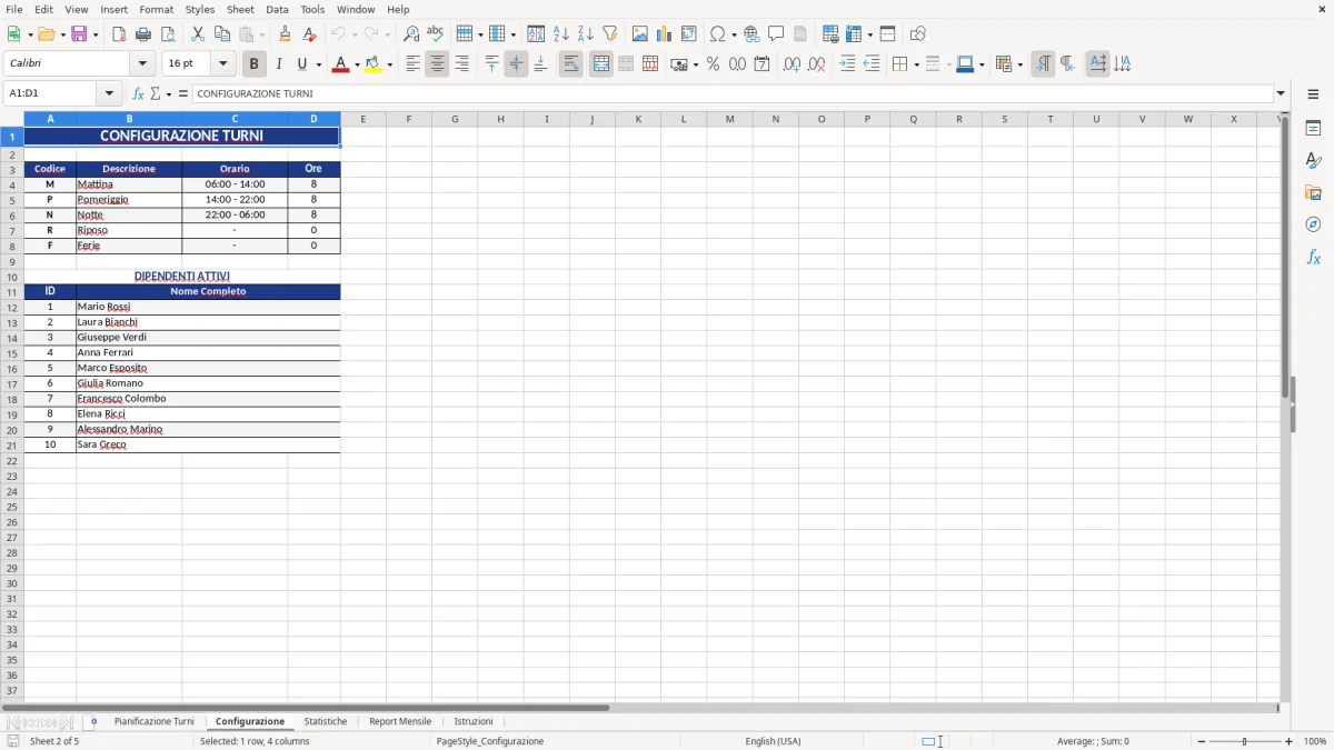 Figura 2: Foglio Configurazione - Modello Excel gestione turni lavoro excel