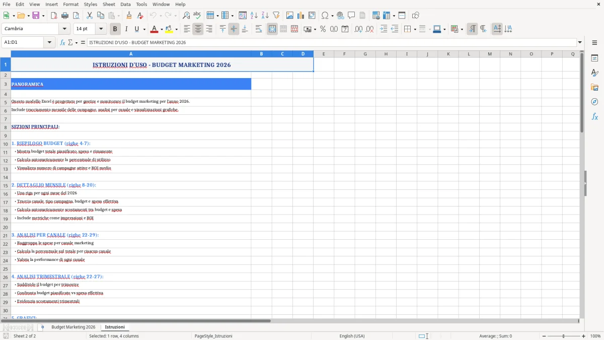 Figura 2: Foglio Istruzioni - Modello Excel modello budget marketing excel