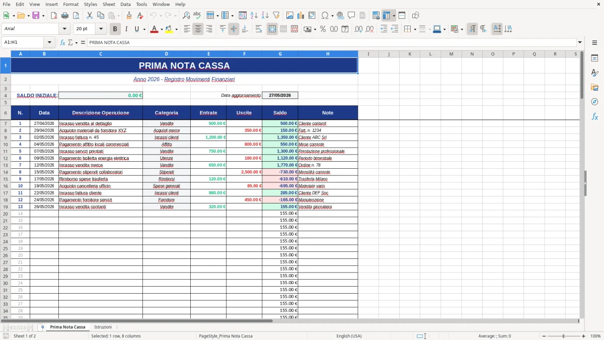Figura 1: Foglio Prima Nota Cassa - Modello Excel modello prima nota cassa excel