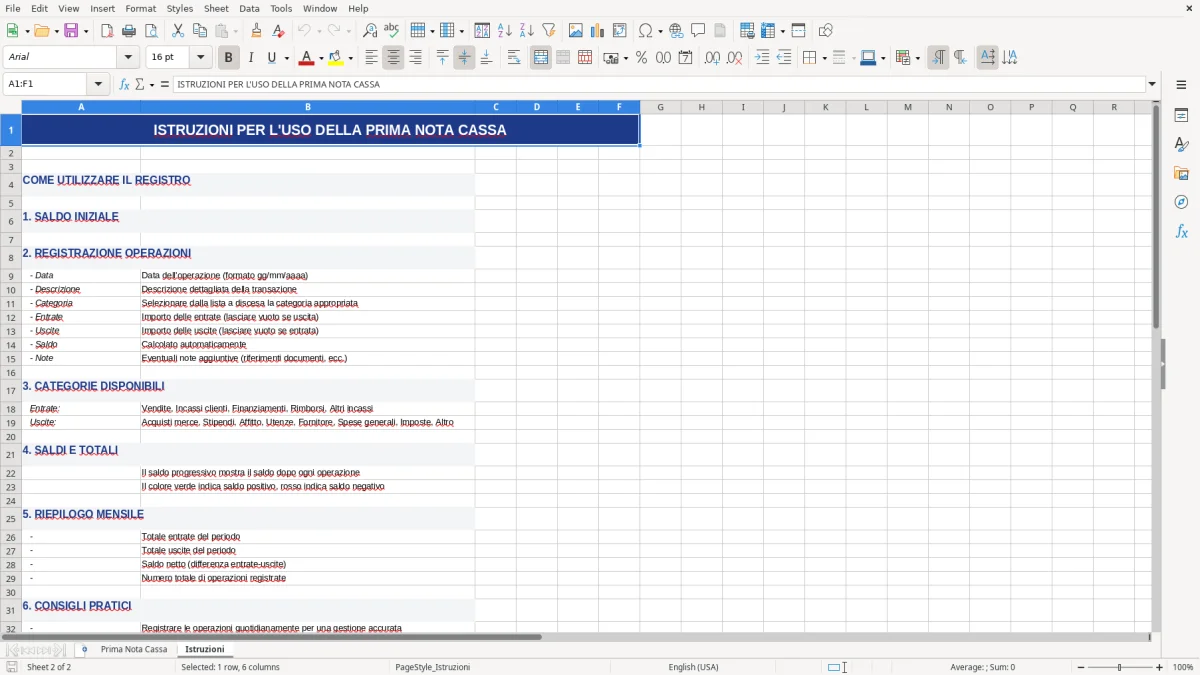 Figura 2: Foglio Istruzioni - Modello Excel modello prima nota cassa excel