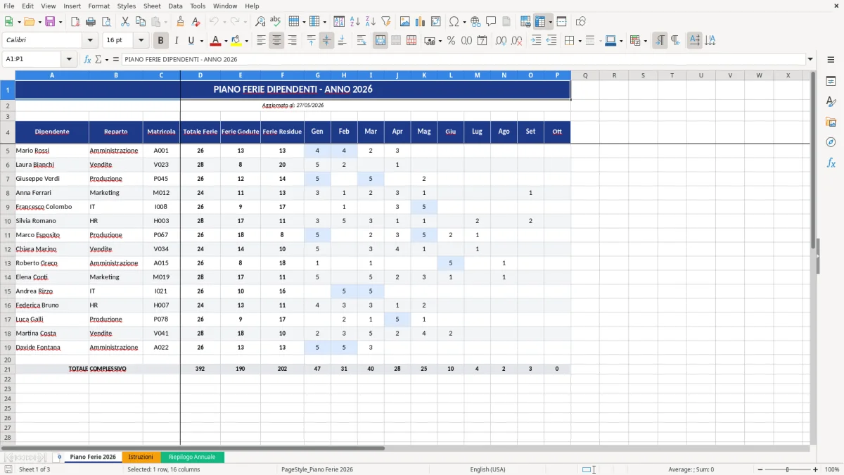 Figura 1: Foglio Piano Ferie 2026 - Modello Excel piano ferie dipendenti excel