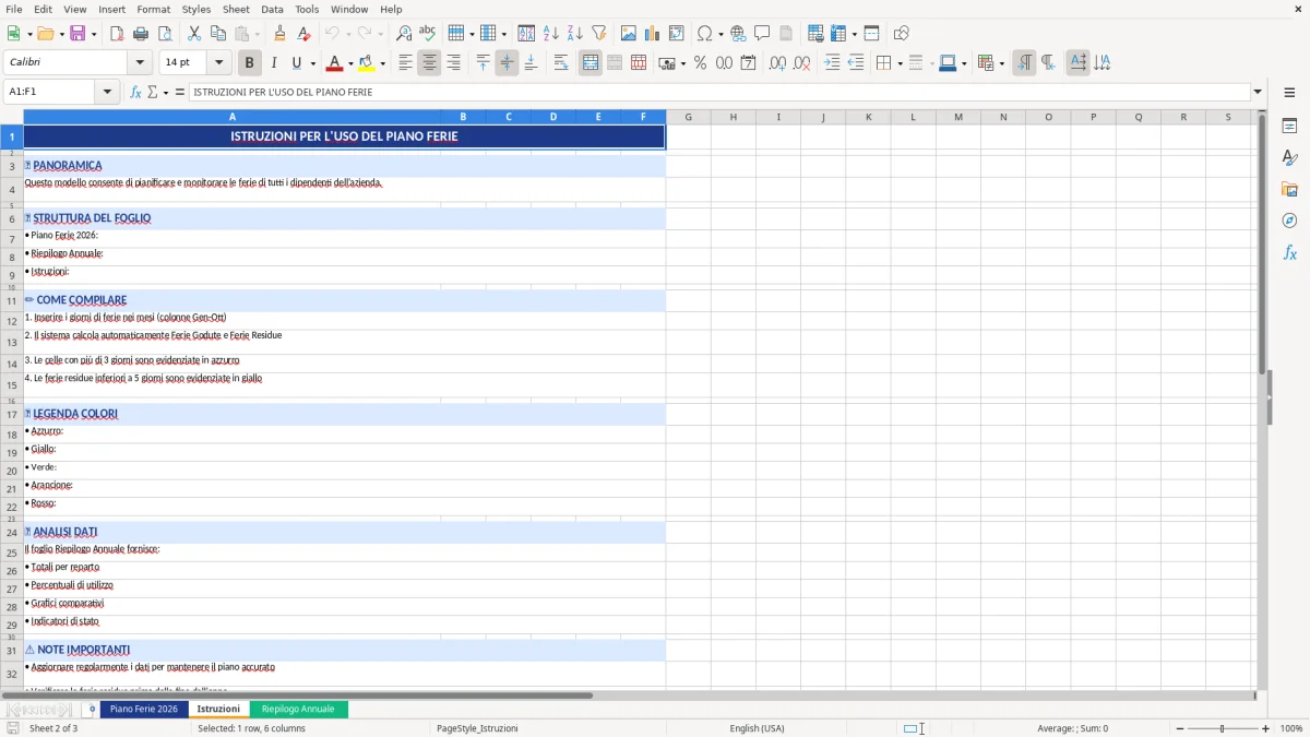 Figura 2: Foglio Istruzioni - Modello Excel piano ferie dipendenti excel