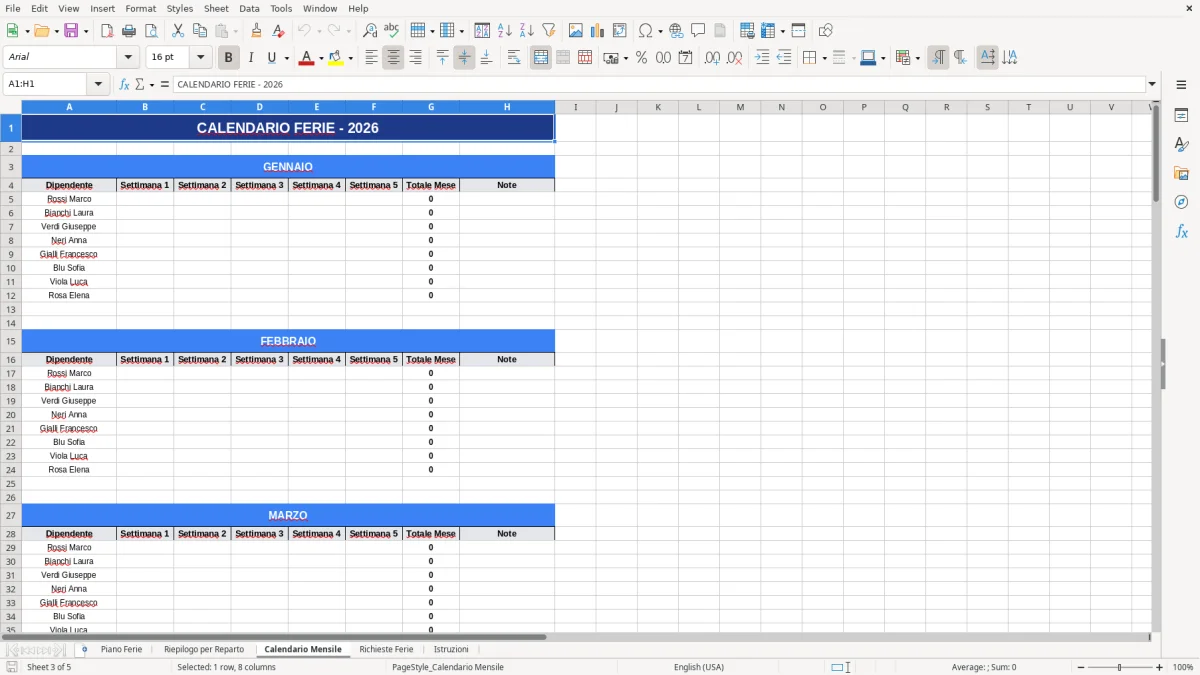 Figura 3: Foglio Calendario Mensile - Modello Excel piano ferie dipendenti excel