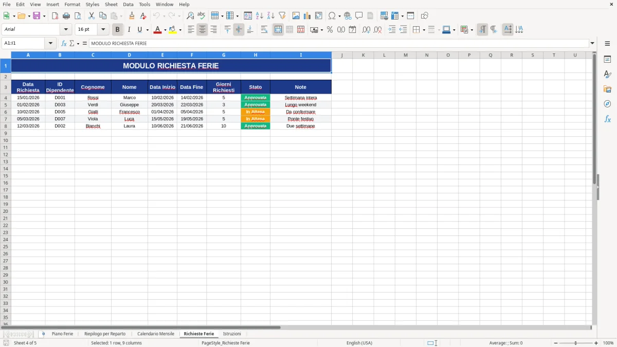 Figura 4: Foglio Richieste Ferie - Modello Excel piano ferie dipendenti excel