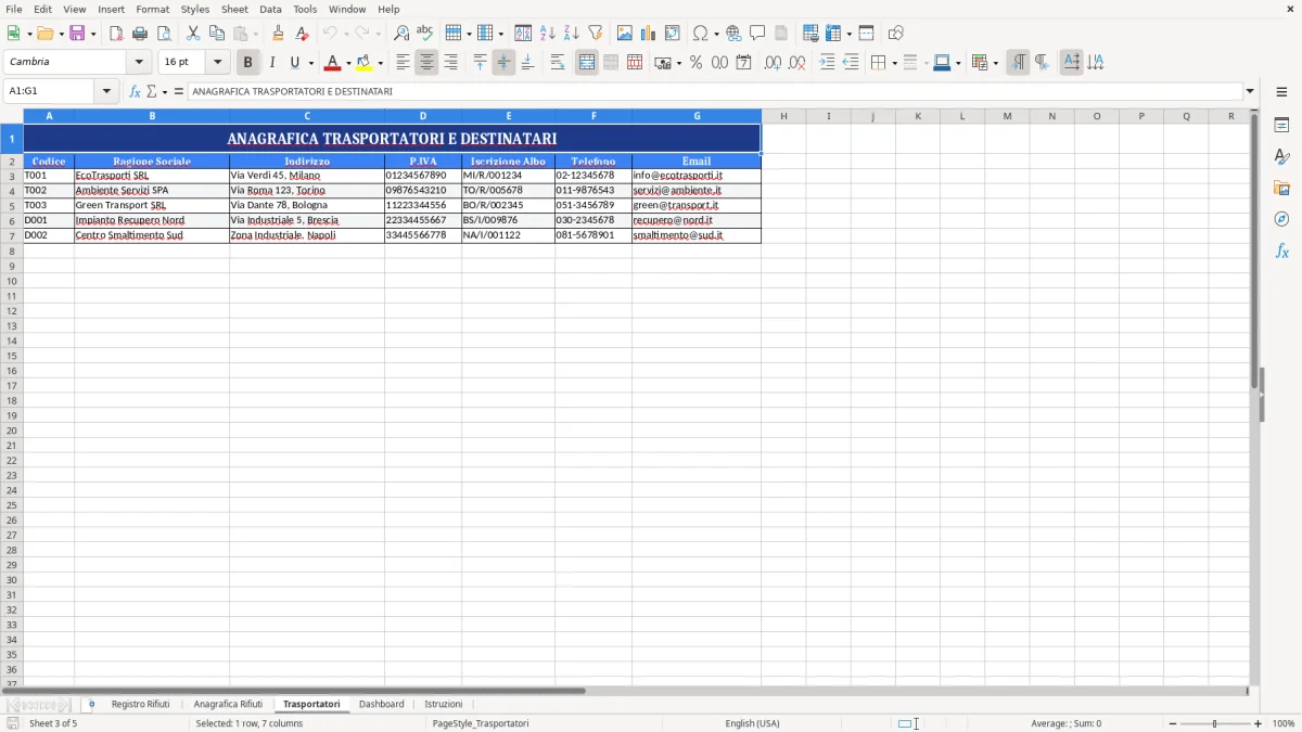 Figura 3: Foglio Trasportatori - Modello Excel registro carico scarico rifiuti excel