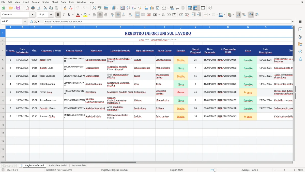 Figura 1: Foglio Registro Infortuni - Modello Excel registro infortuni excel