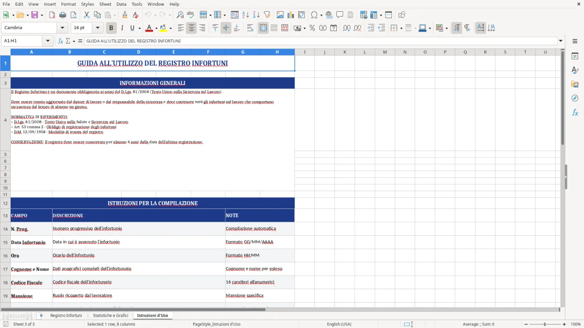 Figura 3: Foglio Istruzioni d'Uso - Modello Excel registro infortuni excel
